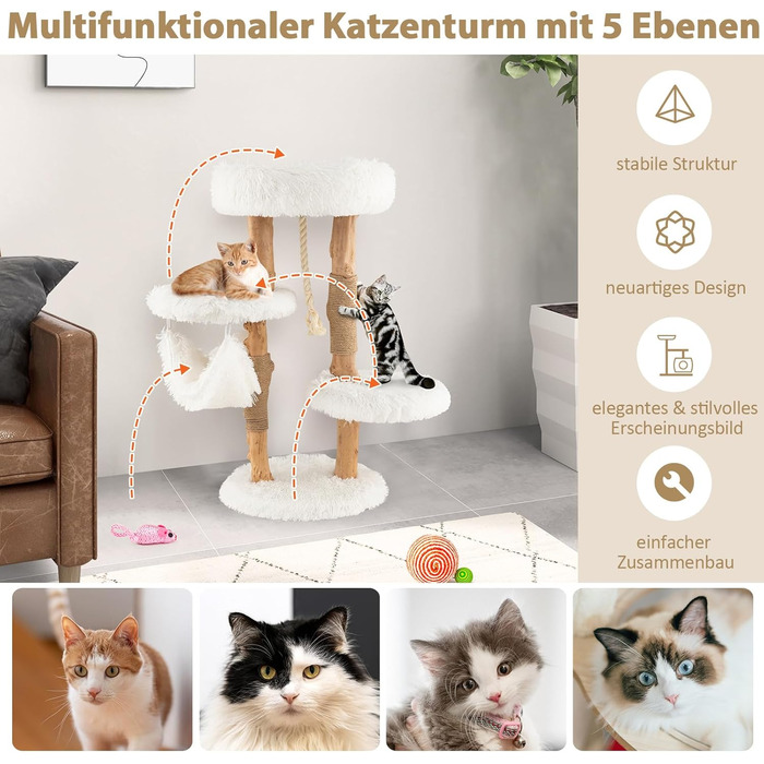 Кігтеточка для котів COSTWAY 87 см з гамаком, джутовим покриттям та м'якими сидіннями, дерев'яний кігтеточний комплекс, білий, 2 стовпчики