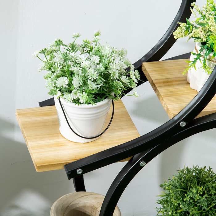 Outsunny Plant Shelf S-Shaped Flower Ladder 4-Tier Plant Stand with Metal Frame and Solid Wood Black 46x25x91cm for Garden & Balcony