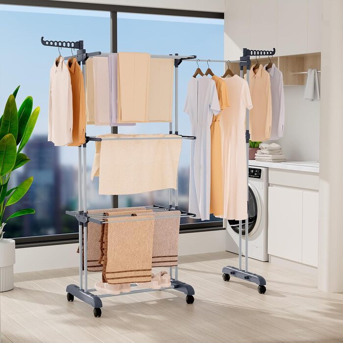 Сушарка для білизни Oak & Tea Tower, 83-200 см, з висувними крилами, XXL, 4 яруси, на коліщатках, для дому та вулиці, сіра