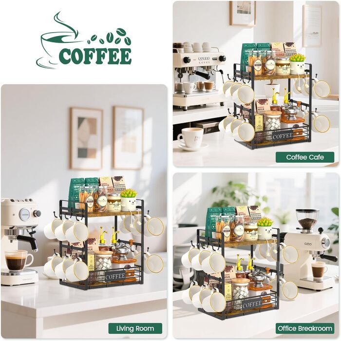 EsLuker.ly 2-Tier Mug Holders and Cup Stands, Mug Shelf for Coffee Cups, Coffee Organizer for Countertop, Coffee Station Organizer with Mug Holder, Vintage Brown-Black (15''H, Vintage Brown + Black)