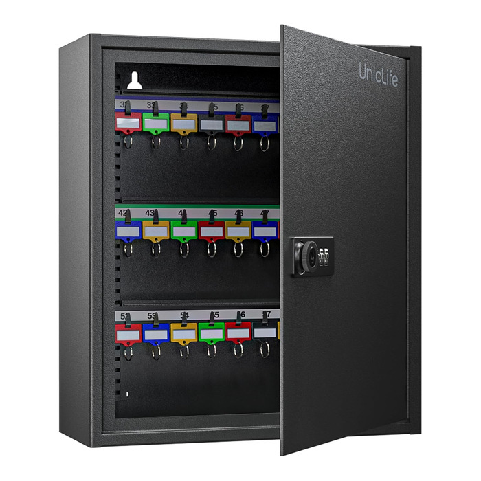 Шкафчик для ключів Uniclife на 60 позицій з комбінацією та ключовим замком, чорного кольору, з регульованими полицями. Цифрова скринька безпеки, органайзер для ключів