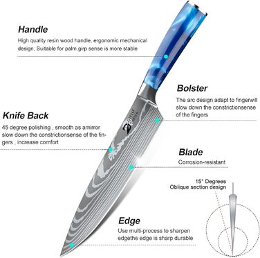 Набір кухонних ножів Dfito, 8 предметів, професійний, з роллю, з високоякісної нержавіючої сталі, синій руків'я