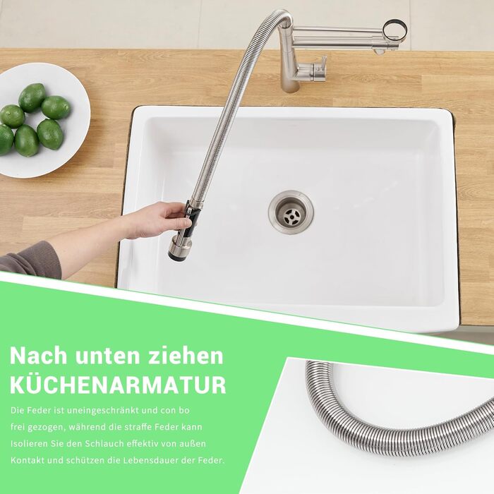 LED кухонний змішувач зі спіральною пружиною, 360° обертання, двотрубний, висувний, для кухні, з душем, високий тиск, нікель, LED, матовий нікель