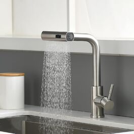 Кухонний змішувач AIMADI висувний з 3-ма режимами, з душовою насадкою, 38 см, однорідний, для холодної та гарячої води, для раковини та кухонного острова, з нержавіючої сталі, водоспад, матовий нікель