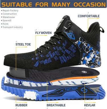 Черевики робочі чоловічі та жіночі, захисні, спортивні, з металевим носком, антиковзаючі, розмір 37-46 EU, колір блакитний