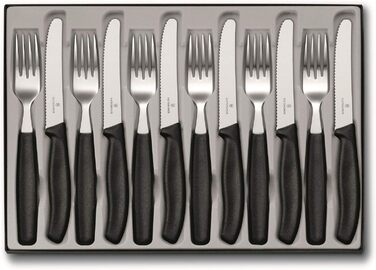 Victorinox Classic, Professional Tableware Set, 12-piece, Extra Sharp Blade, Serrated Edge, 11 cm, Stainless Steel, Black