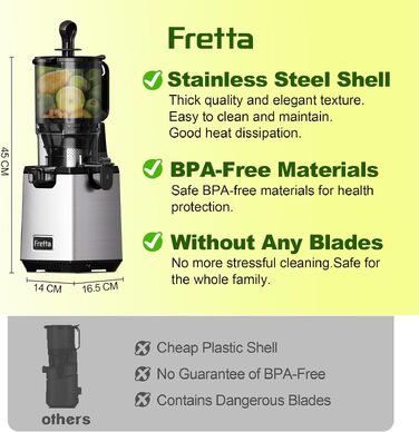 Повільна соковижималка Fretta Slow Juicer з нержавіючої сталі для овочів та фруктів, Metallic