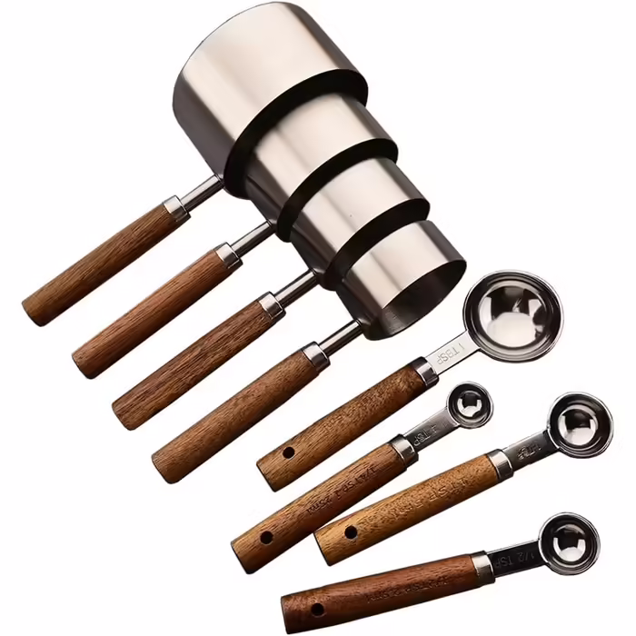 8-Piece Silver Measuring Cup Set and Measuring Spoon Set with Scale, BRIIEC Wooden Handle, Stainless Steel, Dry and Liquid Measuring Cups for Cooking, Baking