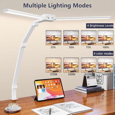 KableRika LED Desk Lamp - Dimmable 24W 80cm Dual-Head Desk Lamp with Clamp, 1200lm Eye Protection, Adjustable Gooseneck, Monitor Light, Daylight Lamp, Auto-Dimming (White)