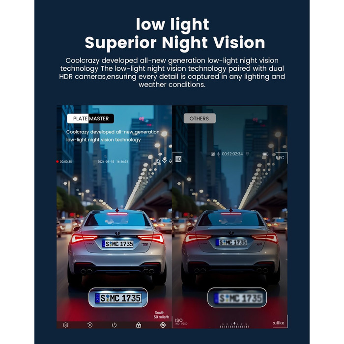 Відеореєстратор COOLCRAZY Dashcam Auto: 4K UHD, Dual камера, GPS, WiFi, 64GB SD-карта, IPS 3