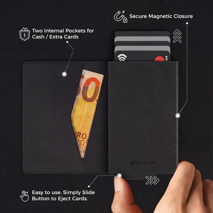 Гаманець чоловічий RFID Stealth Wallet з алюмінієвим каркасом та шкірою (чорний) - захист від сканування карт, мінімалістичний, з подарунковою коробкою