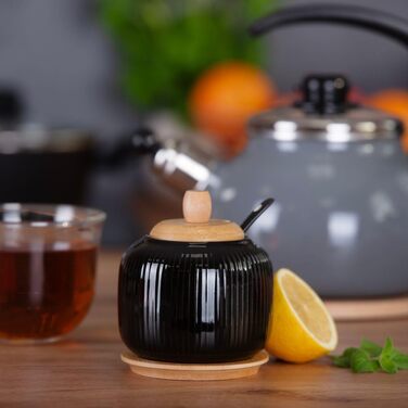 Цукорниця керамічна з бамбуковою кришкою та ложкою, цукровий контейнер (Osbo Schwarz Glanz)