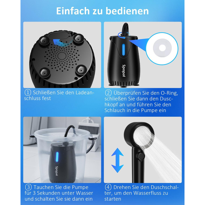 Camping душ Spopal з насосом 8000mAh, портативний, з вимірюванням температури, нічником, IPX8, для подорожей, поливу квітів, автомийки, миття тварин