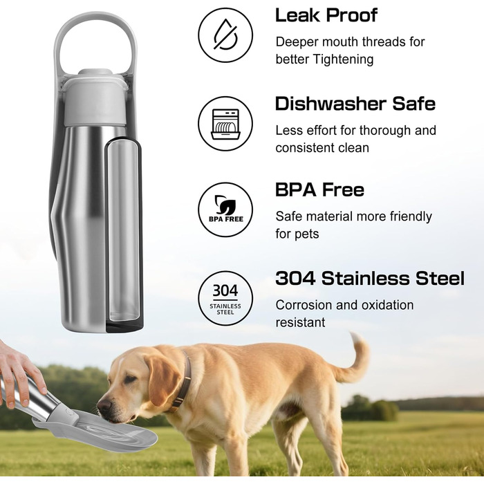 Водяна пляшка для собак на прогулянці 750 мл - витоки неможливі, нержавіюча сталь, подвійні стінки, ізольована, сірий колір