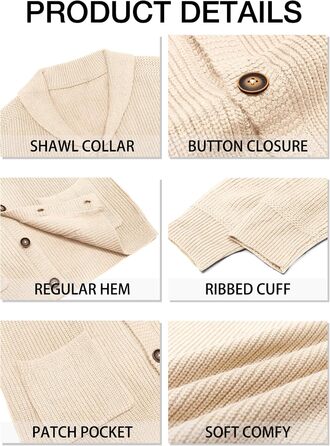 Чоловічий в'язаний кардиган Runcati з коміром-шарфом, рельєфним візерунком, ґудзиками, для зими, великий, з кишенями (M, Бежевий)