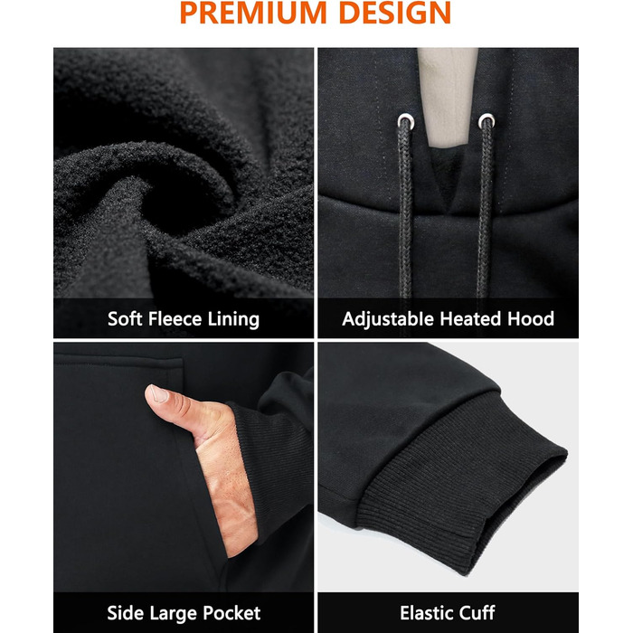Loowoko Обогреваемый худи унисекс с Power bank 10000 mAh, 3 температурні режими + 6 зон обігріву, пральний, обігріваючий худі для роботи на відкритому повітрі, мотоцикла, прогулянок та вигулу собак, чорний, S