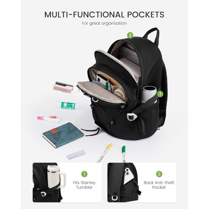 Шкільний рюкзак LOVEVOOK для підлітків та дівчаток, 5 клас, з нагрудною стрічкою, легкий, 15.6', чорний