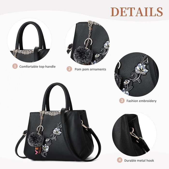 Сумка жіноча DIRRONA велика – сумка через плече та шопер з квітковою вишивкою та помпонами, чорна. Для роботи, відпочинку, подорожей, вечірок та весіль