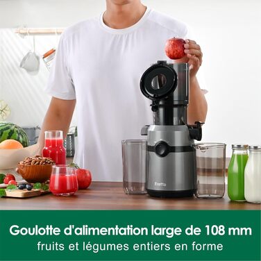 Fretta Slow Juicer with 108mm Opening & 1L Capacity, Juicer for Vegetables and Fruits - Test Winner, 200W Electric Juice Press with Cold Press, Easy Cleaning and Quiet Motor, BPA-free (Gray, 1L) 1L Gray