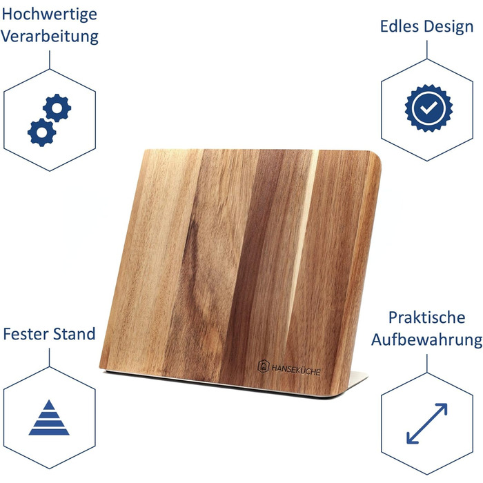 Hansekitchen Knife Holder Magnetic – Magnetic Knife Block Made of Acacia Wood, High-Quality Knife Board with Magnet, Magnetic Knife Holder without Knives - with Magnetic Strip (Brown)