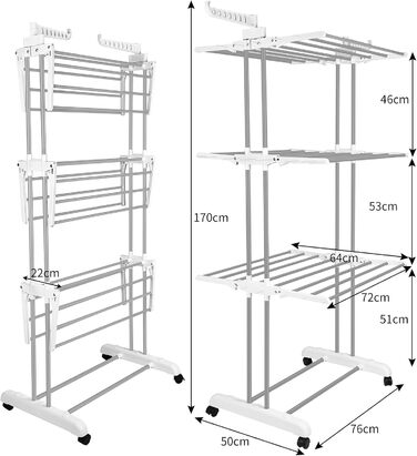 Foldable stainless steel clothes rack with wheels, portable, for indoor and outdoor use, white/gray