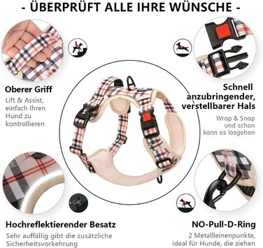 Нашийник для собак PoyPet без натягу, світловідбиваючий, м'який, з легким доступом, для маленьких собак (S, в клітинку, бежевий)