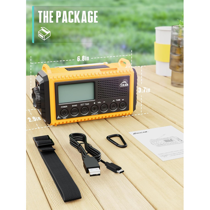 Радіо на батареї 12000mAh з ручним генератором та сонячною панеллю | AM/FM/SW, SOS, USB-C, IPX4, ліхтарик, для кемпінгу та відпочинку на природі, жовте