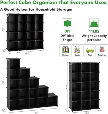 C&AHOME Cube Storage Shelves, 16-Cube Unit, Cabinet, DIY Plastic Modular Shelving, Ideal for Bedroom, Living Room, Office, 122 cm L x 31 cm W x 122 cm H, UPCS16M (Black)