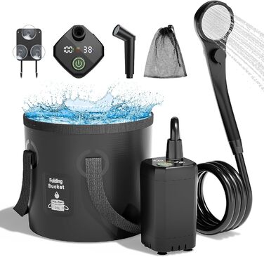 Mytrix 2024 Upgraded Portable Camping Shower Full Set: 6000mAh Rechargeable Power Suction Pump with Smart Display, Multi-Modes Spray Head & 5-Gallon Water Foldable Bucket for Outdoor Travel and Hiking