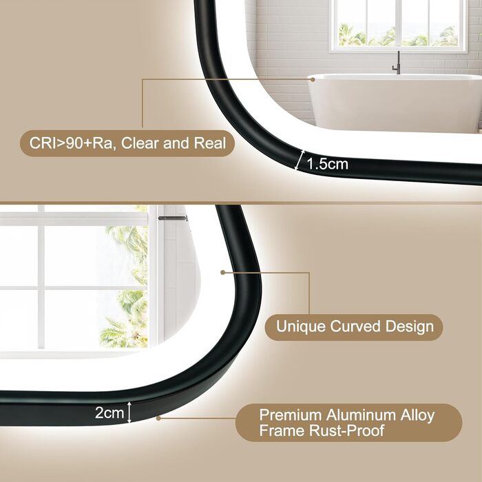 Дзеркало для ванної кімнати S'bagno з підсвічуванням 100x70 см, з алюмінієвою рамою, антизапарююче, 3000-6500K, функція пам'яті, IP44, горизонтальне/вертикальне, чорний колір, M99 (без Bluetooth)