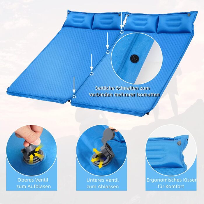 Каремат туристичний самонадувний GYMAX для кемпінгу, на 2 особи з подушками та сумкою, 187 x 131 см, блакитний