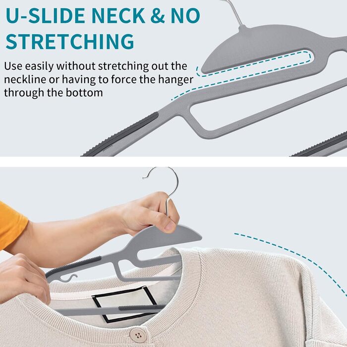 Плечики для одягу з пластику, 20 шт. Плечики з неслизьким покриттям, U-подібний отвір, для мокрого та сухого одягу, економія місця, з тримачем для краваток та поворотним гачком 360°, сірий + сріблястий, APY0420G