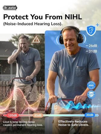 Захисні навушники Dr.meter SNR 31dB: комфортні, регульовані, для будівництва та саду (чорні)