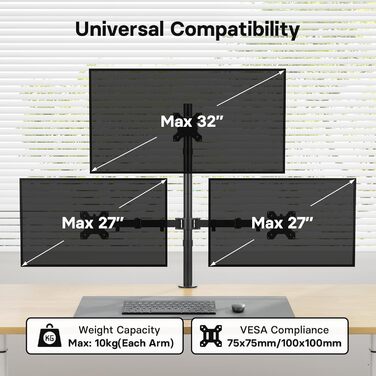 Тримач для моніторів Bontec на 3 монітори, регульована висота, 360° оберт, для моніторів 27-32 дюймів, 30 кг на кріплення, 2 способи встановлення, для офісу та геймінгу, VESA 75x75mm/100x100mm