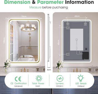 Дзеркало для ванної кімнати S'bagno з підсвічуванням 100x70 см, з алюмінієвою рамою, антизапарник, 3000-6500K, функція пам'яті, IP44, горизонтальне/вертикальне, чорне