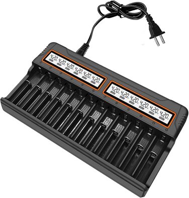 Зарядний пристрій для акумуляторів 18650, 12 слотів, LCD дисплей, універсальний, швидка зарядка, сумісний з 26650, 16340, 14500, 18350, 18500, AA, AAA (тільки зарядний пристрій)