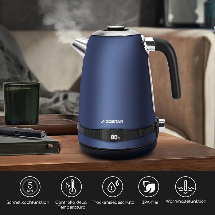 Електричний чайник Aigostar з регулюванням температури, 1,7 л, ретро-дизайн, матове покриття, цифровий дисплей, функція підтримки тепла, без пластику всередині, BPA-free (темно-синій)