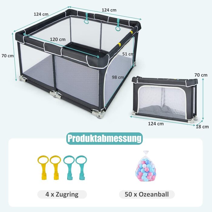 DREAMADE Playpen Baby, 124 x 124 cm Playard Foldable with 50 Play Balls & 4 Pull Rings, Safety Net with Breathable Mesh & Zipper (Dark Grey)