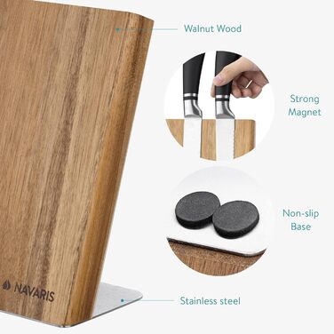 Navaris Magnetic Knife Holder from Acacia Wood 23x22.5x12cm - Magnetic Knife Block Knife Board Wood Magnet Holder - Knife Holder Unfilled Brown