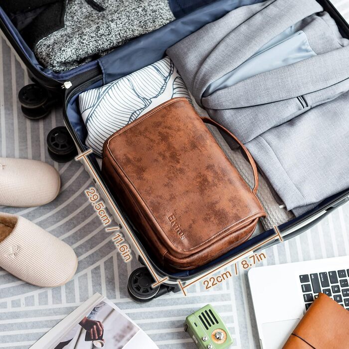 Чоловіча туалетна сумка Elviros з PU-шкіри, 3-в-1, велика водонепроникна косметичка для подорожей (темно-коричнева)