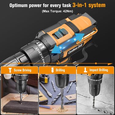 Акумуляторний шуруповерт AKZWOXRO 21V з 2 акумуляторами 2.0Ah, 42Nm, 2 швидкості, 25+3 ступені крутного моменту, патрон 10мм, LED ліхтик, 30-ти елементний набір для дому та саду, DIY проєкти