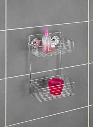 WENKO Vacuum-Loc 2-Tier Shelf, Bari, Wall Shelf for Bathroom and Kitchen, Drilling-Free Mounting with Vacuum, Chrome-Plated Metal, 26 x 38 x 17 cm