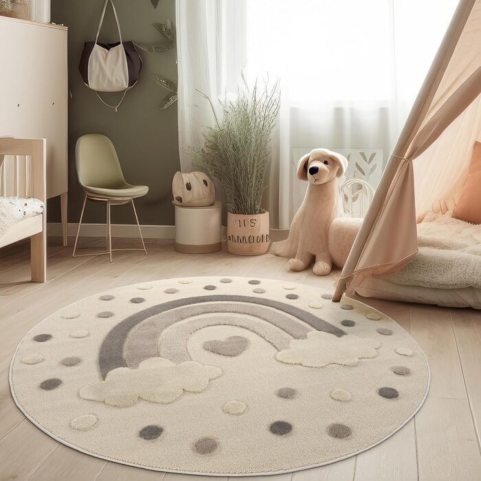 Paco Home Rug Kids' Room Rug Play Rug Crawling Rug Short Pile Motif Sun 3D Effect Soft Modern Decor, Size: 120 cm Round, Color: Cream 2