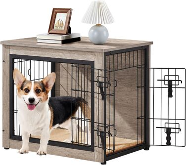 Yaheetech Modern Dog Crate Furniture with Blanket & 2 Doors - Indoor Wooden Dog House for Living Room - Grey, 69x51x61 cm