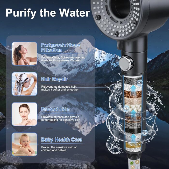 Насадка для душу з шлангом 2 м, фільтрована ручна лійка, високий тиск, економія води з мінеральними кульками, 5 режимів, стоп-функція для жорсткої води, залишків хлору, бактерій та важких металів, сірого кольору з шлангом