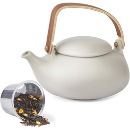 ZENS Modern Japanese Teapot, 800ml Matte White Ceramic Teapot with Infuser, Wooden Handle Small Japanese Teapot for Loose Leaf Tea, White Tea, Green Tea Steeper, Gift for Tea Lovers (02-gray Teapot)