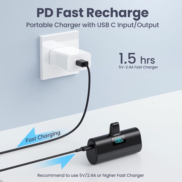 Портативний зарядний пристрій (Power Bank) 5200mAh з дисплеєм LCD для iPhone, Android. Швидка зарядка 20W PD 4.0A. Компактний, чорний