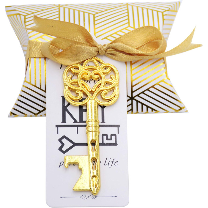 Makhry 50-Piece Vintage Key Bottle Openers Wedding Key Skeleton Key Bottle Openers Wedding Guest Gifts Set with Pillow Boxes and Label (Antique Gold)