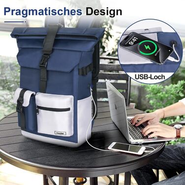 Roll-Top Backpack Waterproof, 27L Large Backpack Men Women, School Backpack with 17.3 inch Laptop Compartment, Travel Backpack Hiking Backpack for Business, Work, University, Travel, Leisure (Blue)