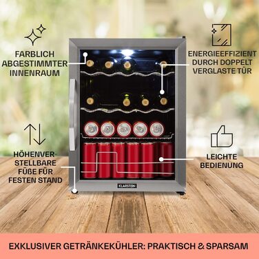 Міні-холодильник Klarstein з дверцятами зі скла, 60 літрів, для кімнати, тихий, срібно-чорний